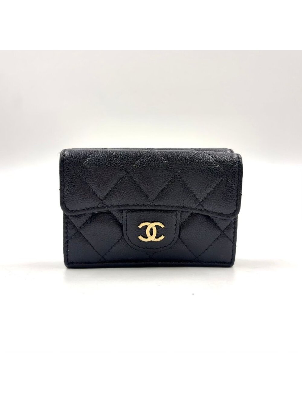 Chanel CC Logo Small Random Caviar Leather Black Trifold Wallet Gold